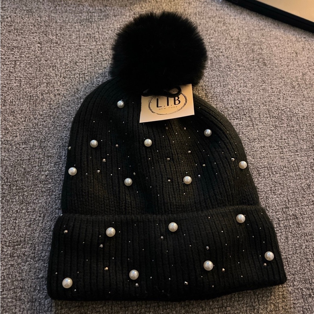 Black Beanie with Pom Pom and Pearls
